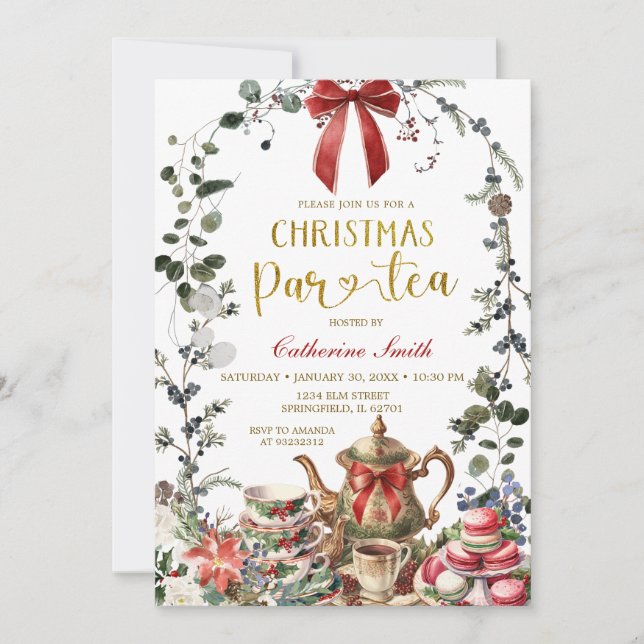 Invitation Fête de thé de Noël avec ruban rouge et verdure hi (Devant)