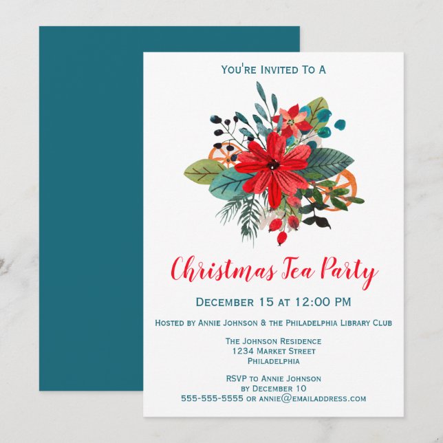 Invitation Fête de thé de Noël Flores d'hiver et fruits (Devant / Derrière)