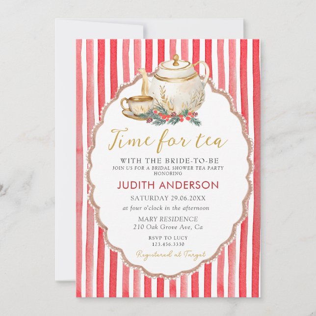 Invitation Fête de thé de Noël Red Stripes pour la mariée  (Devant)