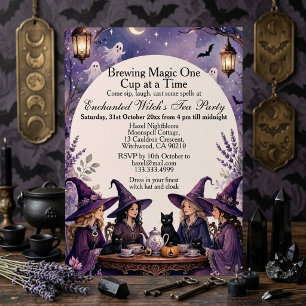 Invitation Fête de thé de sorcière enchantée violette sous la