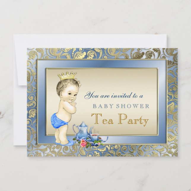 Invitation Fête de thé élégante bleue et dorée pour garçons B (Devant)