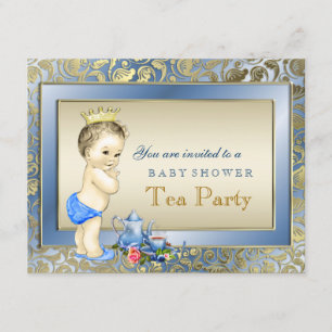 Invitation Fête de thé élégante bleue et dorée pour garçons B