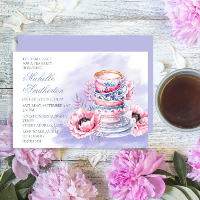Invitation Fête de thé élégante rose violet pour 75 ans (Elegant purple and pink tea party birthday party for any age)