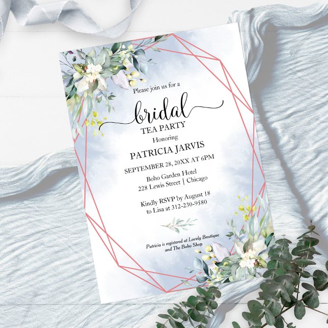 Invitation Fête de thé géométrique de verdure d'eucalyptus po (Créateur téléchargé)