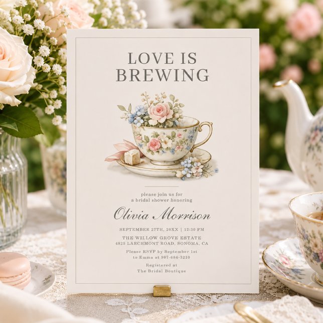 Invitation Fête de thé Love is Brewing Floral Mariage (Créateur téléchargé)