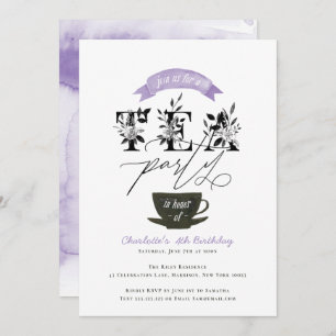 Invitation Fête de thé noir et blanc moderne Purple
