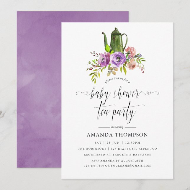 Invitation Fête de thé pour baby shower aquarelle florale de  (Devant / Derrière)