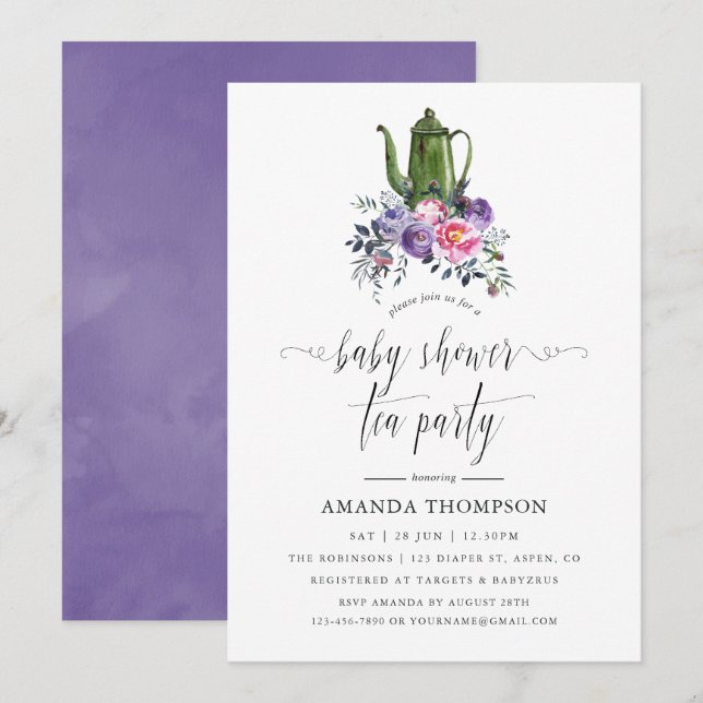 Invitation Fête de thé pour bébé aux fleurs violettes et rose (Devant / Derrière)