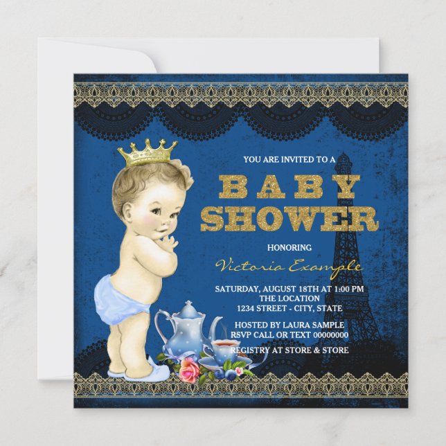 Invitation Fête de thé pour bébé Prince Paris Garçons Bleu Ro (Devant)