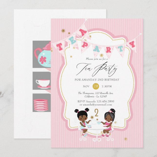 Invitation Fête de thé pour les 2 ans de la petite fille rose (Devant / Derrière)