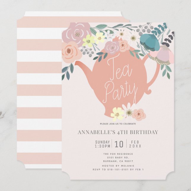 Invitation Fête de thé rose Floral Fille Anniversaire (Devant / Derrière)