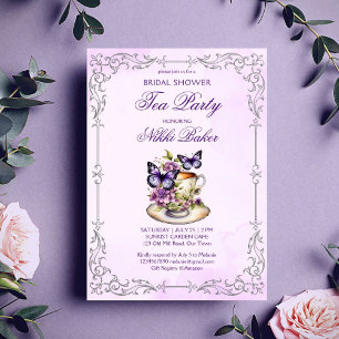 Invitation Fête de thé victorienne aux papillons violets