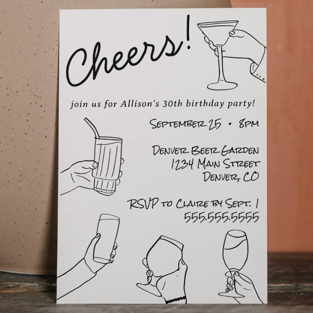 Invitation Fête de toast fantaisiste et fantaisiste dessinée  (Hand drawn whimsical quirky funky cheers cocktail birthday party invitation modern black and white )