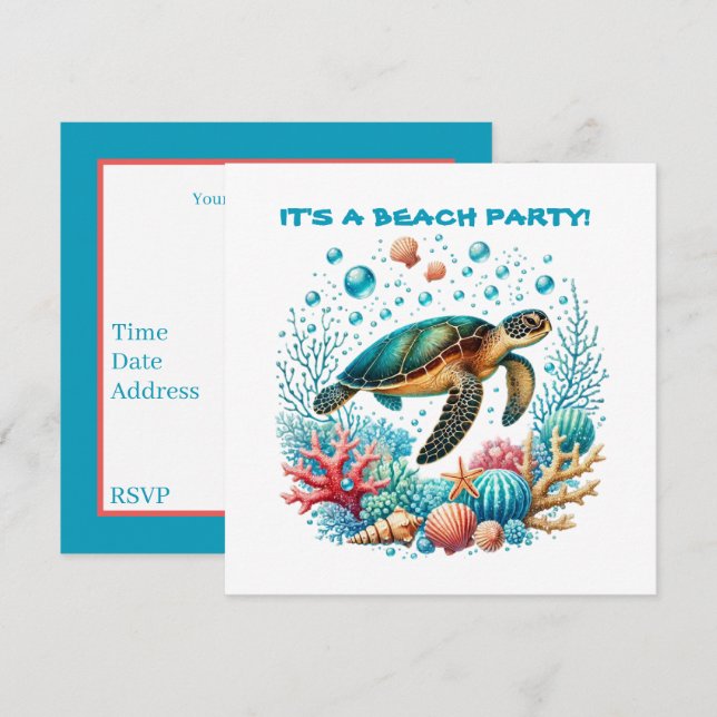Invitation Fête de tortue de mer de plage mignonne (Devant / Derrière)
