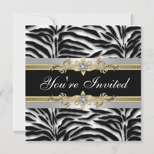 Invitation Fête de toutes occasions Black Silver Gold Zèbre (Devant)