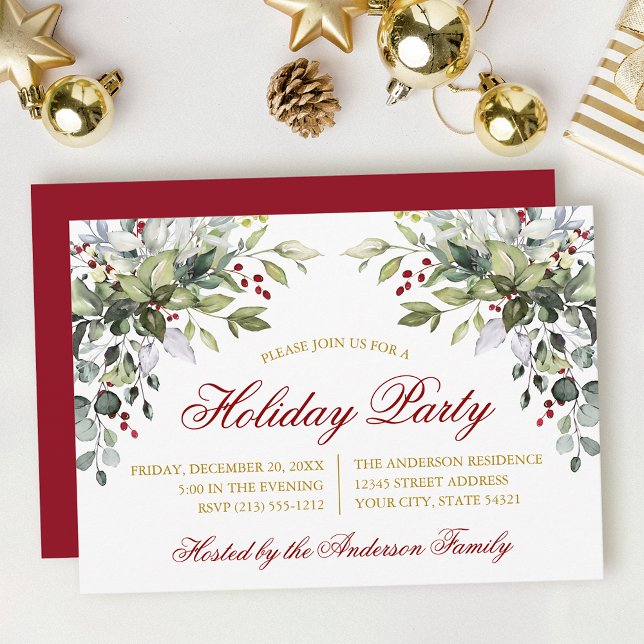 Invitation Fête de vacances à la gouache verte rouge or (Customize to change text size, color, style or to change color of back of card.)