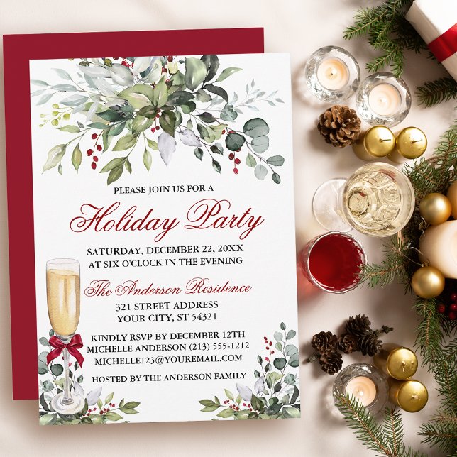 Invitation Fête de vacances Aquarelle Verdure Berries Verre (Customize to change text color, size, style or to change color of back of card.)