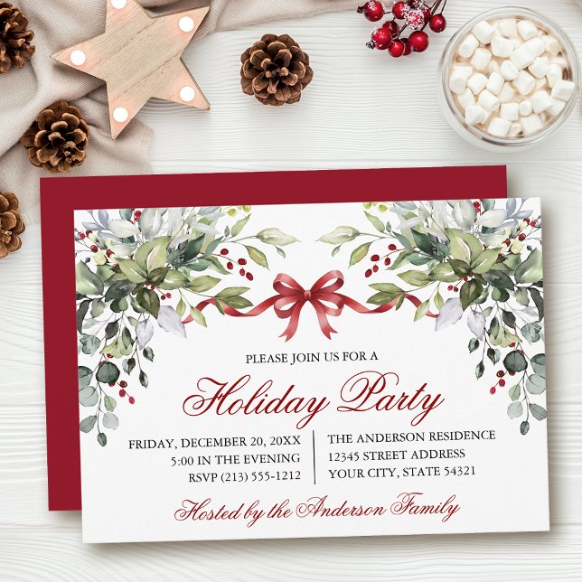 Invitation Fête de vacances au ruban rouge et verdure à l'aqu (Customize to change text size, color, style or to change color of back of card.)
