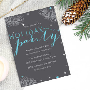 Invitation Fête de vacances Bleu gris feuilles de pin et étoi