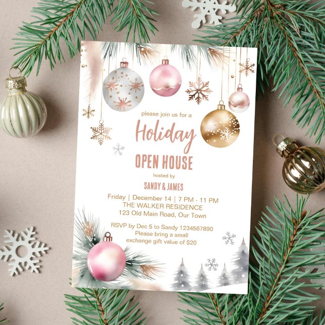 Invitation Fête de vacances boho métallique aquarelle (Holiday open house Christmas dinner party editable template invitation digital download watercolor)