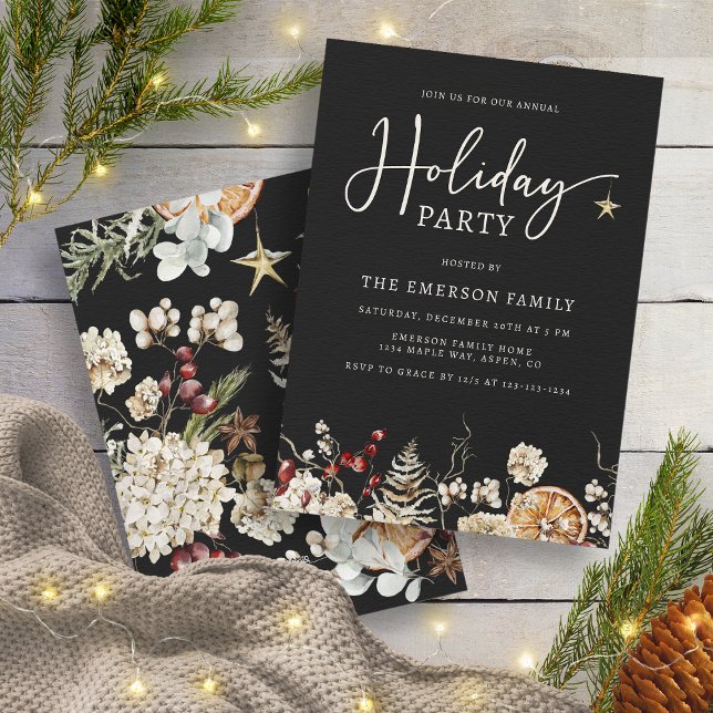 Invitation Fête de vacances botanique noire (Black Boho Rustic Botanical Holiday Party Invitation
)