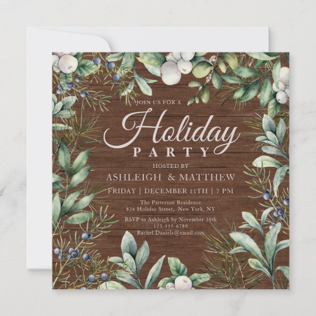 Invitation Fête de vacances de verdure rustique d'hiver (Devant)