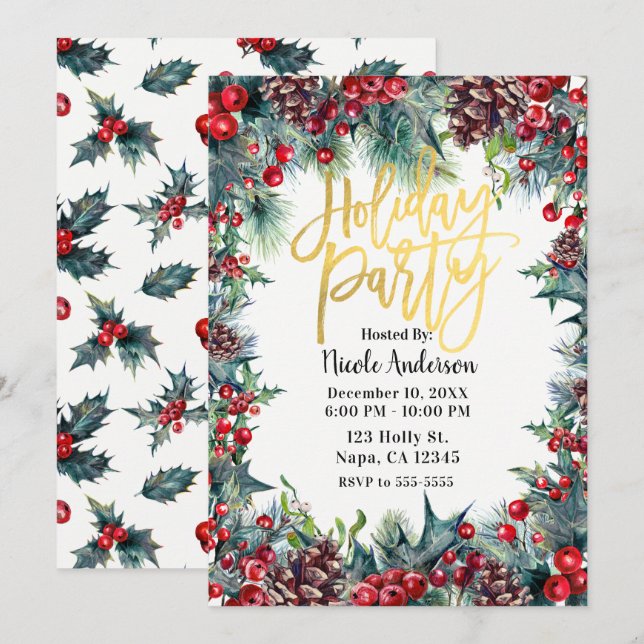 Invitation Fête de vacances d'hiver Noël Fleur de houx & pomm (Devant / Derrière)