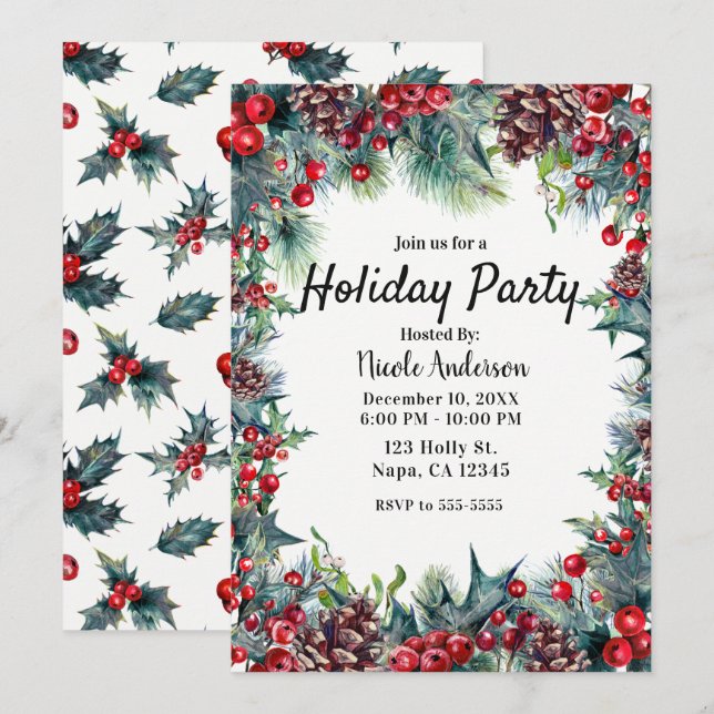 Invitation Fête de vacances d'hiver Noël Holly & cônes de pin (Devant / Derrière)