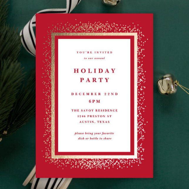 Invitation Fête de vacances élégante avec paillettes dorées e (Elegant red and gold sparkle traditional holiday party invitations.)