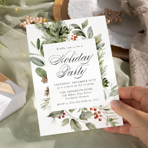 Invitation Fête de vacances Élégante Verdure et Baies de Houx