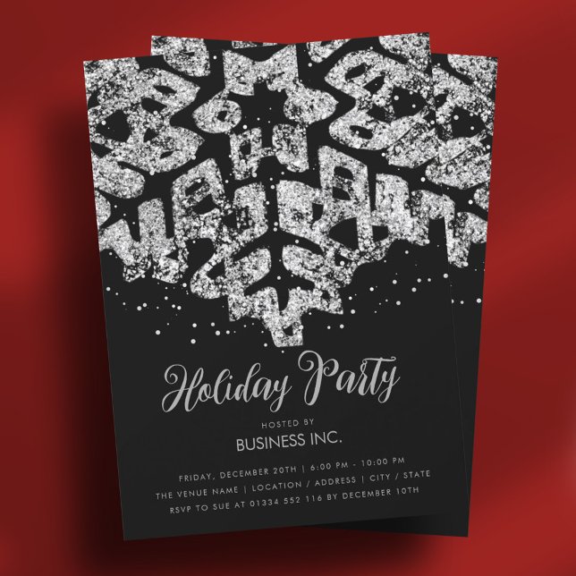 Invitation Fête de vacances flocon de neige paillettes argent (Silver Glitter Snowflake Holiday Party Black Invitation)