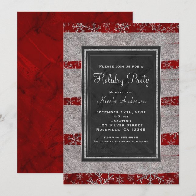 Invitation Fête de vacances Marbre rouge moderne Silver Flèch (Devant / Derrière)