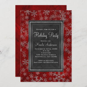 Invitation Fête de vacances Marbre rouge Silver Snowflakes él