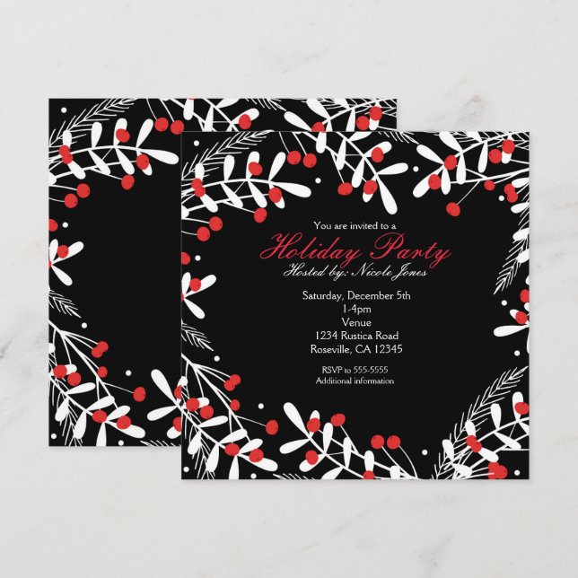 Invitation Fête de vacances noire avec des baies rouges et de (Devant / Derrière)