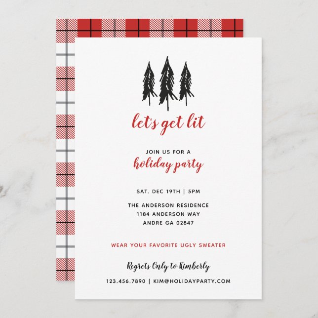 Invitation Fête de vacances rouge de motif de plaid de (Devant / Derrière)