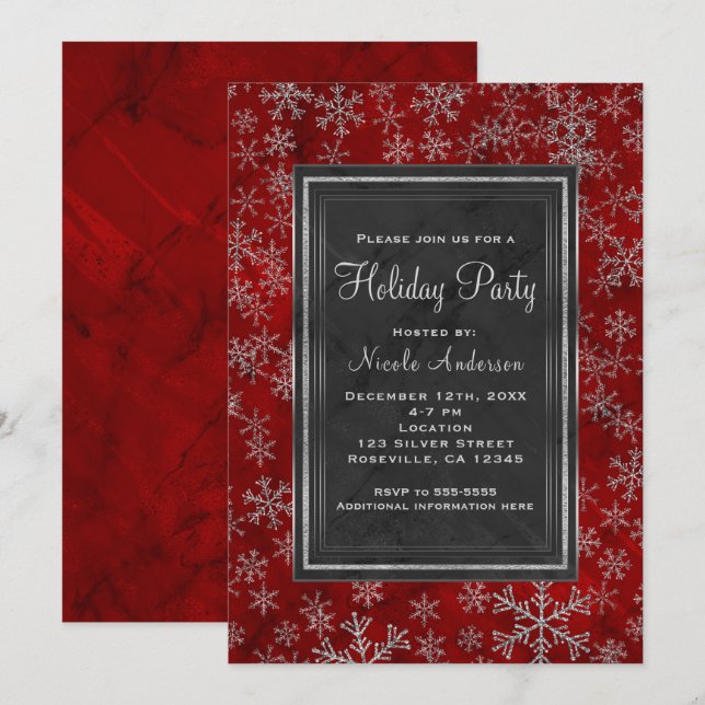 Invitation Fête de vacances Rouge Marbre Flocons de neige arg (Devant / Derrière)