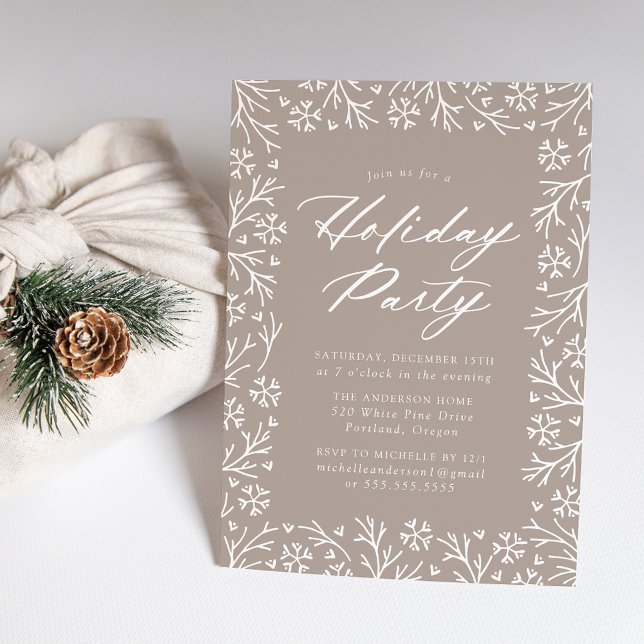 Invitation Fête de vacances Taupe Elégant Flocon de neige (Créateur téléchargé)