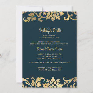 Invitation Fête de valise bleu marine vintage or diplômé