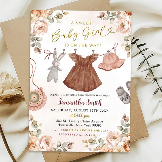 Invitation Fête de vêtements de bébé fille bohème automne flo (Créateur téléchargé)