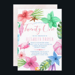 Invitation Fête de vingt et un ans à Hawaii tropical<br><div class="desc">Plage océanique moderne de style hawaïen vingt et un anniversaire modèle avec une couronne de fleurs d'hibiscus coloré avec des feuilles tropicaux, une étoile de mer et un oiseau flamand rose, Une aquarelle lavée rose roux arrière - plan à l'envers. — L'invitation est adapté pour l'aloha d'été, bord de mer,...</div>