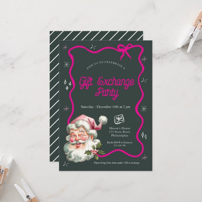 Invitation Fête d'échange cadeau de Noël rose (Devant/Arrière en situation)