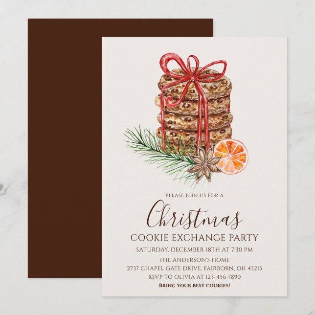 Invitation Fête d'échange de biscuits de Noël à l'aquarelle (Devant / Derrière)