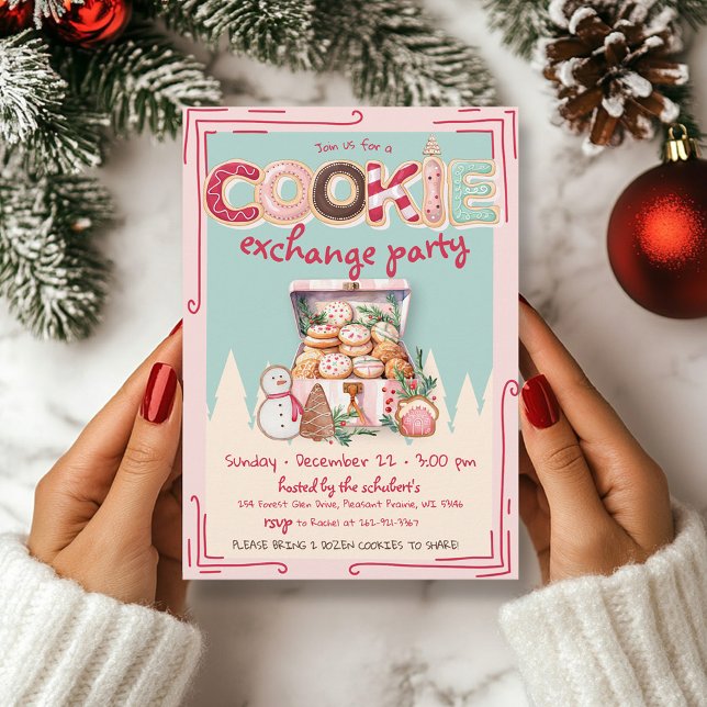 Invitation Fête d'échange de biscuits de Noël à main mignonne (Cute pink, red, teal hand drawn cookie exchange Christmas Party invitation, cookies, baking)