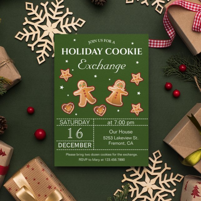 Invitation Fête d'échange de biscuits de Noël aux couleurs ve (Créateur téléchargé)