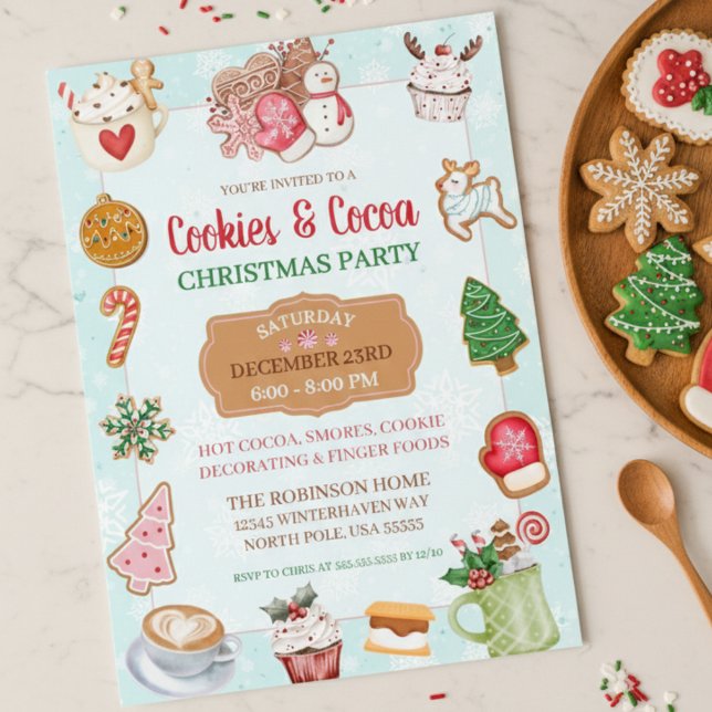 Invitation Fête d'échange de biscuits de Noël et de cacao mig (cute cookies and hot cocoa christmas party exchange invitations)