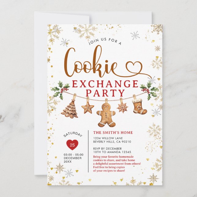 Invitation Fête d'échange de biscuits de Noël Flocons de neig (Devant)