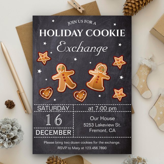 Invitation Fête d'échange de biscuits de Noël sur tableau noi (Créateur téléchargé)