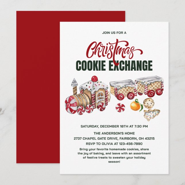 Invitation Fête d'échange de biscuits de train de Noël festiv (Devant / Derrière)