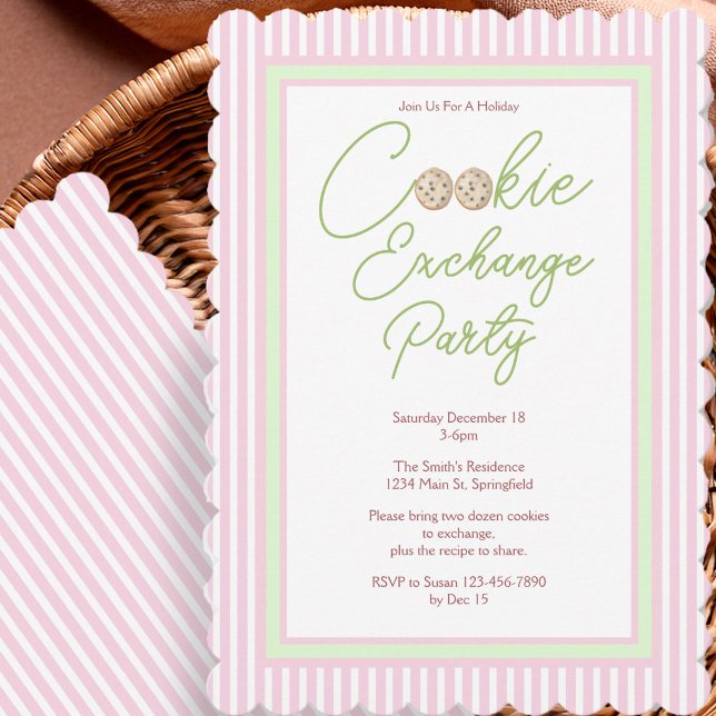 Invitation Fête d'échange de biscuits de vacances rose et ver (Créateur téléchargé)