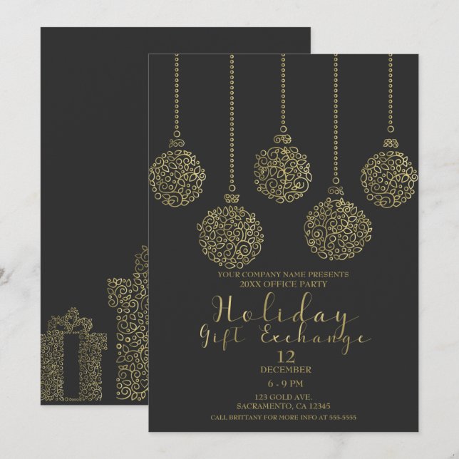 Invitation Fête d'échange de cadeaux de Noël Gold & Charcoal (Devant / Derrière)